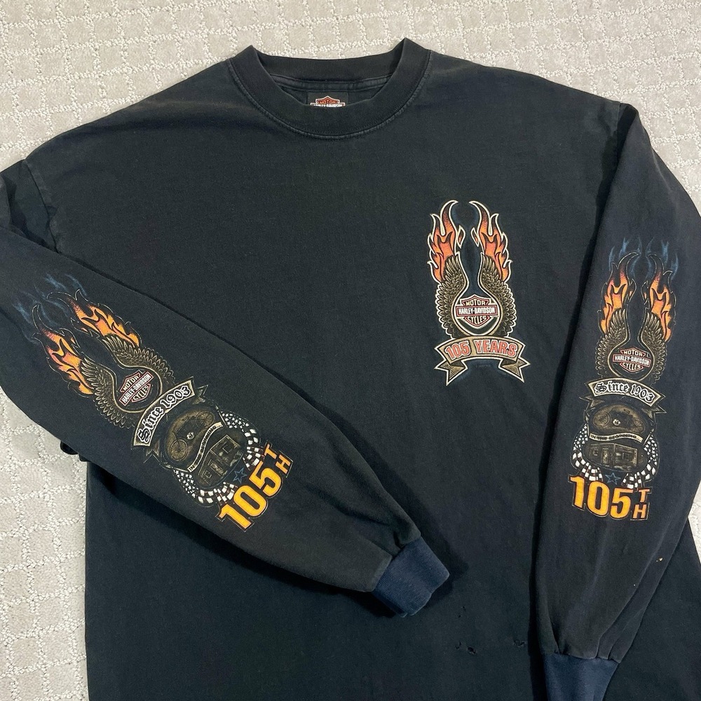 Vintage 2007 Harley Davidson Fire Flames Motorcycle 105 Years Longsleeve Shirt